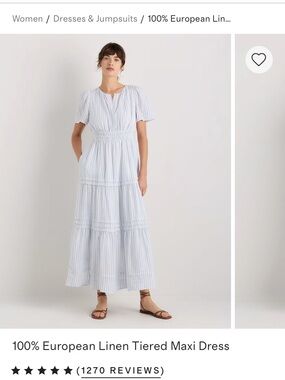 Quince Light Blue & White Striped Tiered Linen Maxi Dress